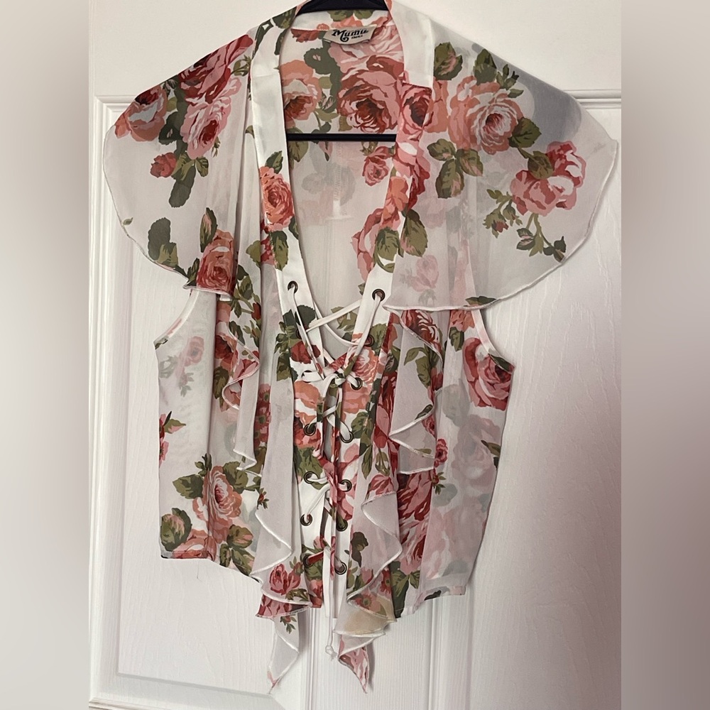 Show me Your Mumu floral lace up sheer top